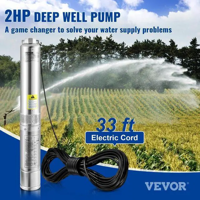 Alt view image 3 of 15 - VEVOR Deep Well Submersible Pump, 2HP/1500W 230V/60Hz, 37GPM Flow 427 ft Head, with 33 ft Electric Cord, 4 inch Stainless Steel Water Pumps for Industrial, Irrigation & Home Use, IP68 Waterproof Grade