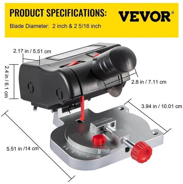 Alt view image 8 of 8 - VEVOR Mini Miter Cut-off Chop Saw, Two 2-5/16" Blade of Steel and Resin with 1/2" Cutting Depth, 0~45 Benchtop Miter Saw for Copper, Aluminum, Wood, Zinc in Hobby Craft
