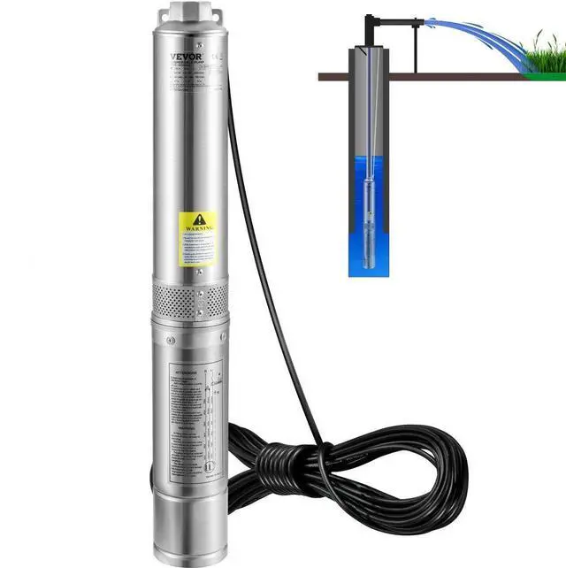 Alt view image 2 of 15 - VEVOR Deep Well Submersible Pump, 3HP/2200W 230V/60Hz, 37GPM Flow 640 ft Head, with 33 ft Electric Cord, 4 inch Stainless Steel Water Pumps for Industrial, Irrigation & Home Use, IP68 Waterproof Grade