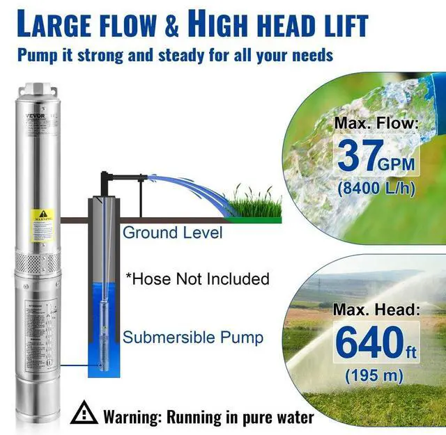 Alt view image 4 of 15 - VEVOR Deep Well Submersible Pump, 3HP/2200W 230V/60Hz, 37GPM Flow 640 ft Head, with 33 ft Electric Cord, 4 inch Stainless Steel Water Pumps for Industrial, Irrigation & Home Use, IP68 Waterproof Grade
