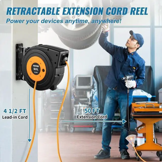 Alt view image 3 of 8 - VEVOR Retractable Extension Reel, 50 FT Heavy Duty 14AWG/3C SJTOW Power Cord with Lighted Triple Tap Outlet, 13 Amp Circuit Breaker, 180 Swivel Bracket for Ceiling or Wall Mount, UL Listed, Black