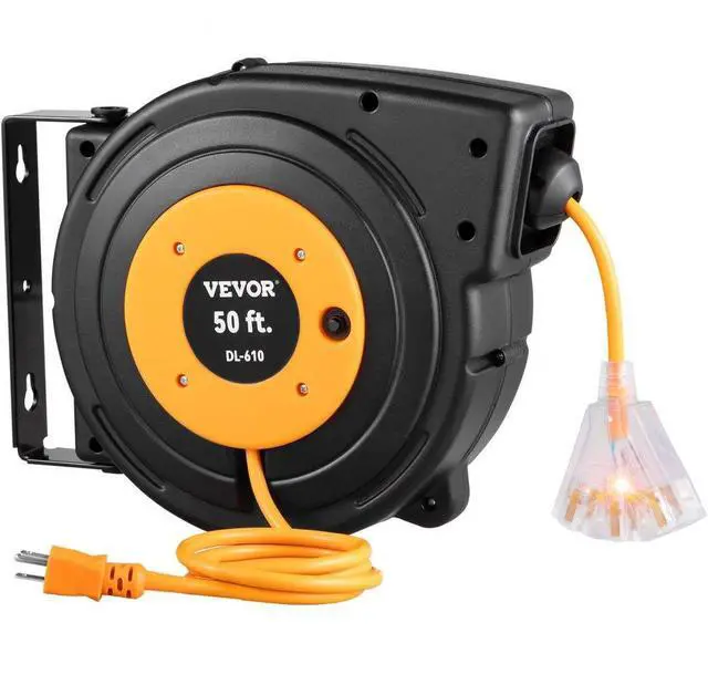 Alt view image 2 of 8 - VEVOR Retractable Extension Reel, 50 FT Heavy Duty 14AWG/3C SJTOW Power Cord with Lighted Triple Tap Outlet, 13 Amp Circuit Breaker, 180 Swivel Bracket for Ceiling or Wall Mount, UL Listed, Black