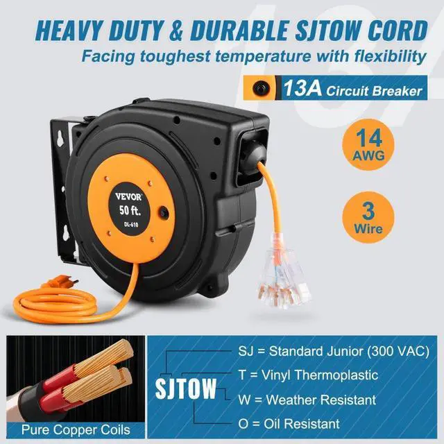 Alt view image 4 of 8 - VEVOR Retractable Extension Reel, 50 FT Heavy Duty 14AWG/3C SJTOW Power Cord with Lighted Triple Tap Outlet, 13 Amp Circuit Breaker, 180 Swivel Bracket for Ceiling or Wall Mount, UL Listed, Black