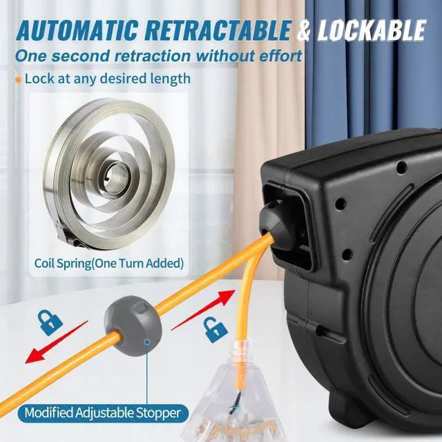 Alt view image 5 of 8 - VEVOR Retractable Extension Reel, 50 FT Heavy Duty 14AWG/3C SJTOW Power Cord with Lighted Triple Tap Outlet, 13 Amp Circuit Breaker, 180 Swivel Bracket for Ceiling or Wall Mount, UL Listed, Black