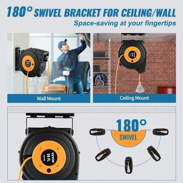 Alt view image 6 of 8 - VEVOR Retractable Extension Reel, 50 FT Heavy Duty 14AWG/3C SJTOW Power Cord with Lighted Triple Tap Outlet, 13 Amp Circuit Breaker, 180 Swivel Bracket for Ceiling or Wall Mount, UL Listed, Black