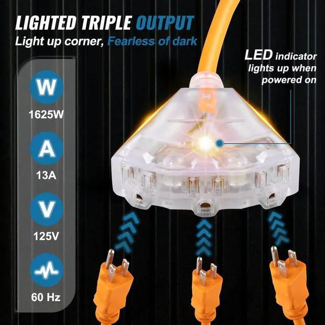 Alt view image 7 of 8 - VEVOR Retractable Extension Reel, 50 FT Heavy Duty 14AWG/3C SJTOW Power Cord with Lighted Triple Tap Outlet, 13 Amp Circuit Breaker, 180 Swivel Bracket for Ceiling or Wall Mount, UL Listed, Black