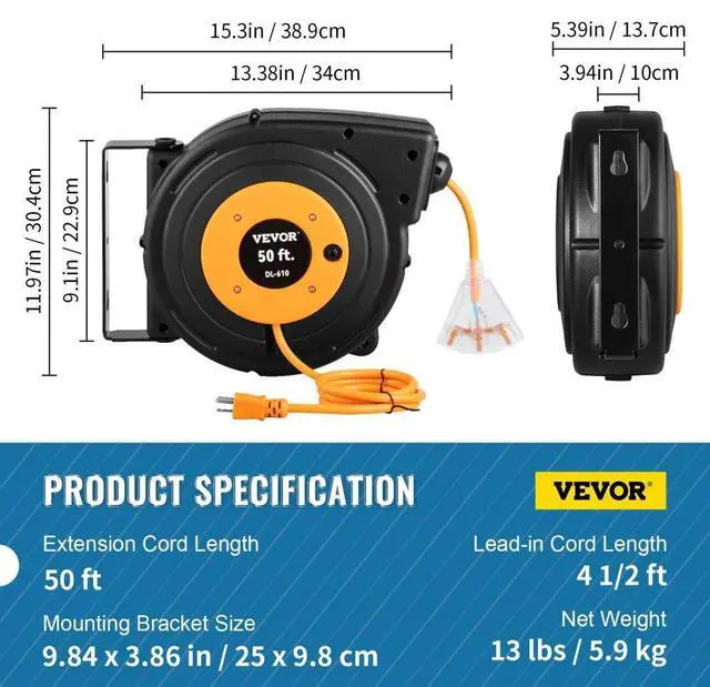 Alt view image 8 of 8 - VEVOR Retractable Extension Reel, 50 FT Heavy Duty 14AWG/3C SJTOW Power Cord with Lighted Triple Tap Outlet, 13 Amp Circuit Breaker, 180 Swivel Bracket for Ceiling or Wall Mount, UL Listed, Black