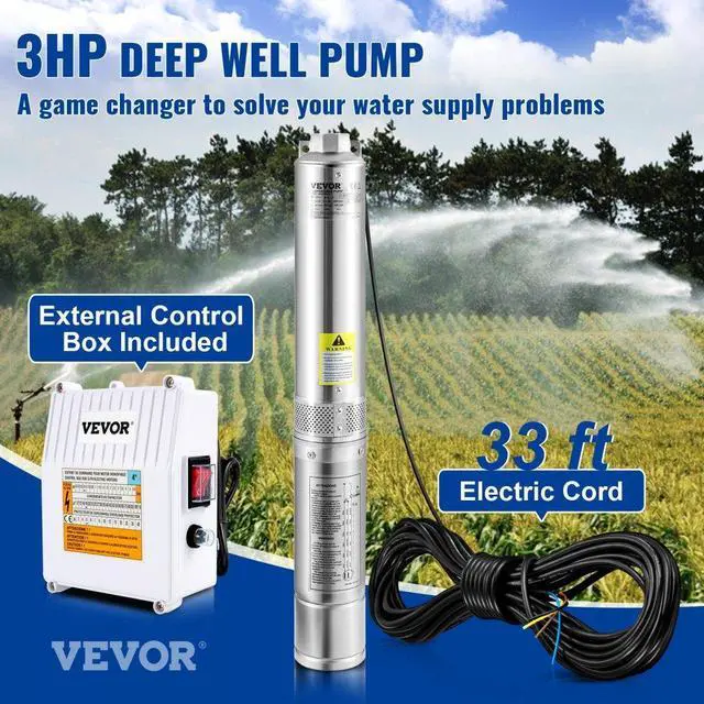 Alt view image 3 of 15 - VEVOR Deep Well Submersible Pump, 3HP 230V/60Hz, 37GPM 640 ft Head, with 33 ft Cord & External Control Box, 4 inch Stainless Steel Water Pumps for Industrial, Irrigation and Home Use, IP68 Waterproof