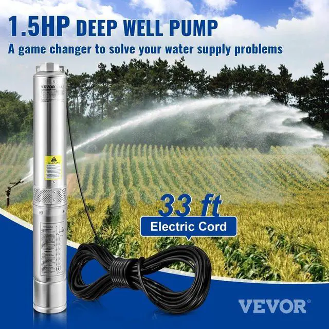Alt view image 3 of 15 - VEVOR Deep Well Submersible Pump, 1.5HP 230V/60Hz, 37gpm 276ft Head, with 33ft Electric Cord, 4" Stainless Steel Water Pumps for Industrial, Irrigation and Home Use, IP68 Waterproof Grade