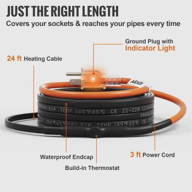 Alt view image 6 of 8 - VEVOR Self-Regulating Pipe Heating Cable, 24-feet 5W/ft Heat Tape for Pipes Freeze Protection, Protects PVC Hose, Metal and Plastic Pipe from Freezing, 120V