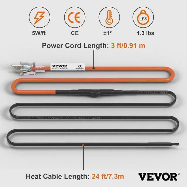 Alt view image 8 of 8 - VEVOR Self-Regulating Pipe Heating Cable, 24-feet 5W/ft Heat Tape for Pipes Freeze Protection, Protects PVC Hose, Metal and Plastic Pipe from Freezing, 120V