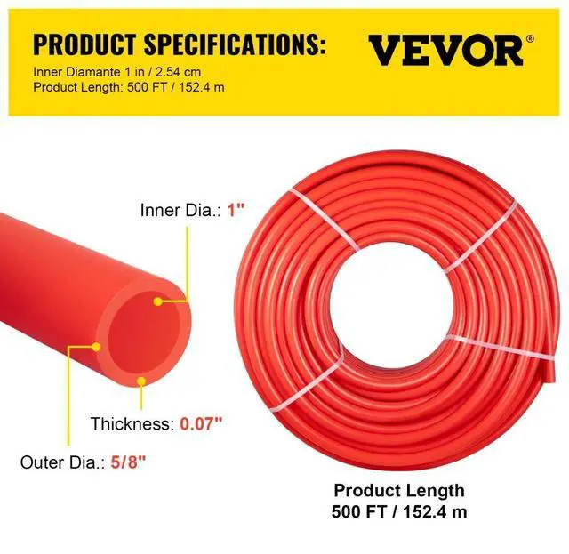 Alt view image 8 of 8 - VEVOR PEX Pipe, 1 Inch x 500 FT PEX Tubing, Non Oxygen Barrier Red PEX-B Pipe, Flexible PEX Water Line for RV Sewer Hose, Plumbing, Radiant Heating