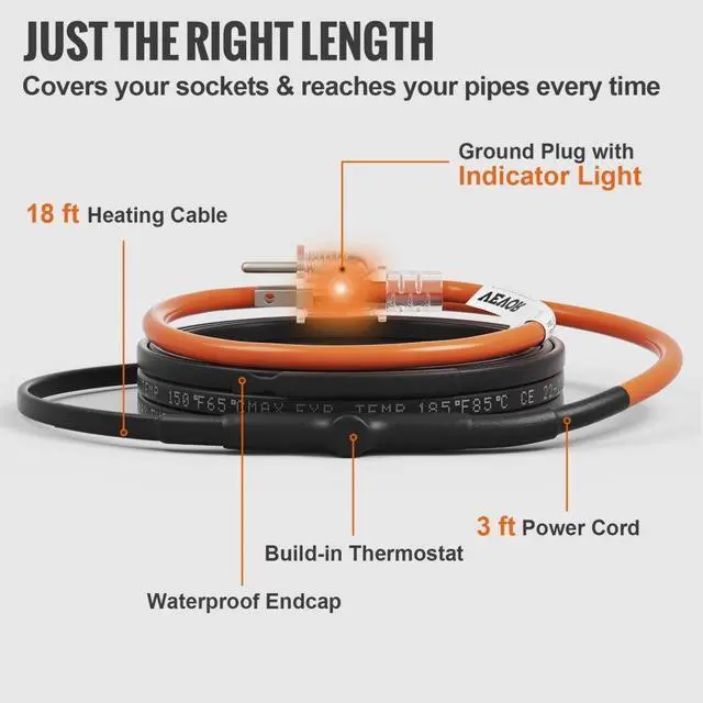 Alt view image 6 of 15 - VEVOR Self-Regulating Pipe Heating Cable, 18-feet 5W/ft Heat Tape for Pipes Freeze Protection, Protects PVC Hose, Metal and Plastic Pipe from Freezing, 120V
