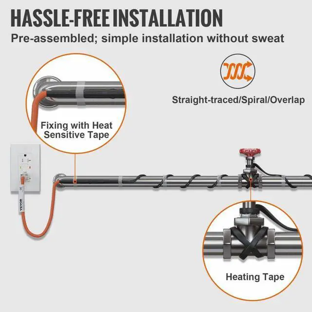 Alt view image 7 of 15 - VEVOR Self-Regulating Pipe Heating Cable, 18-feet 5W/ft Heat Tape for Pipes Freeze Protection, Protects PVC Hose, Metal and Plastic Pipe from Freezing, 120V