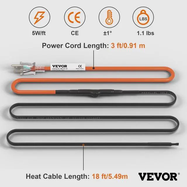 Alt view image 8 of 15 - VEVOR Self-Regulating Pipe Heating Cable, 18-feet 5W/ft Heat Tape for Pipes Freeze Protection, Protects PVC Hose, Metal and Plastic Pipe from Freezing, 120V
