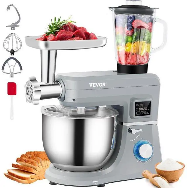Alt view image 2 of 8 - VEVOR 5 IN 1 Stand Mixer, 660W Tilt-Head Multifunctional Electric Mixer with 6 Speeds LCD Screen Timing, 7.4 Qt Stainless Bowl, Dough Hook, Flat Beater, Whisk, Scraper, Meat Grinder, Juice Cup - Gray