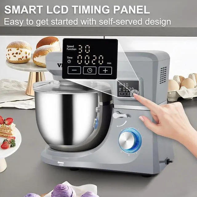 Alt view image 3 of 8 - VEVOR 5 IN 1 Stand Mixer, 660W Tilt-Head Multifunctional Electric Mixer with 6 Speeds LCD Screen Timing, 7.4 Qt Stainless Bowl, Dough Hook, Flat Beater, Whisk, Scraper, Meat Grinder, Juice Cup - Gray