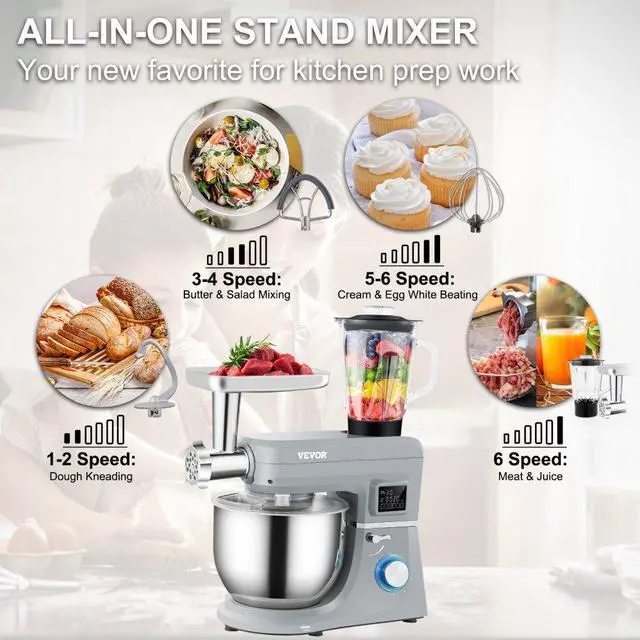Alt view image 4 of 8 - VEVOR 5 IN 1 Stand Mixer, 660W Tilt-Head Multifunctional Electric Mixer with 6 Speeds LCD Screen Timing, 7.4 Qt Stainless Bowl, Dough Hook, Flat Beater, Whisk, Scraper, Meat Grinder, Juice Cup - Gray