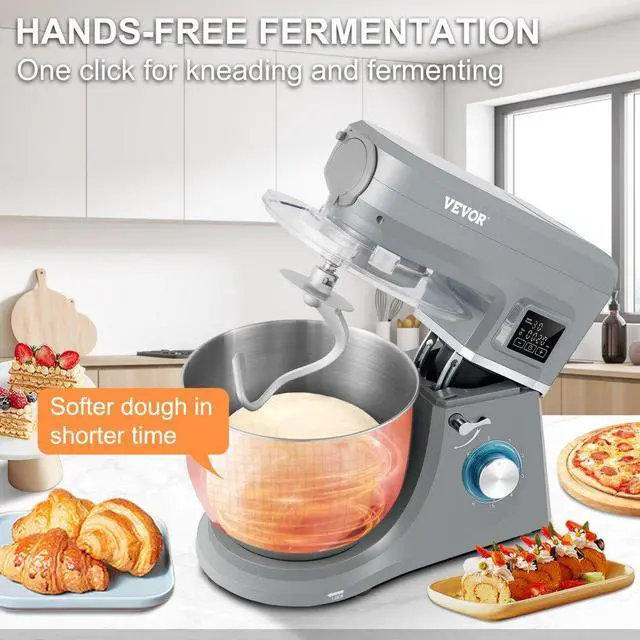 Alt view image 5 of 8 - VEVOR 5 IN 1 Stand Mixer, 660W Tilt-Head Multifunctional Electric Mixer with 6 Speeds LCD Screen Timing, 7.4 Qt Stainless Bowl, Dough Hook, Flat Beater, Whisk, Scraper, Meat Grinder, Juice Cup - Gray