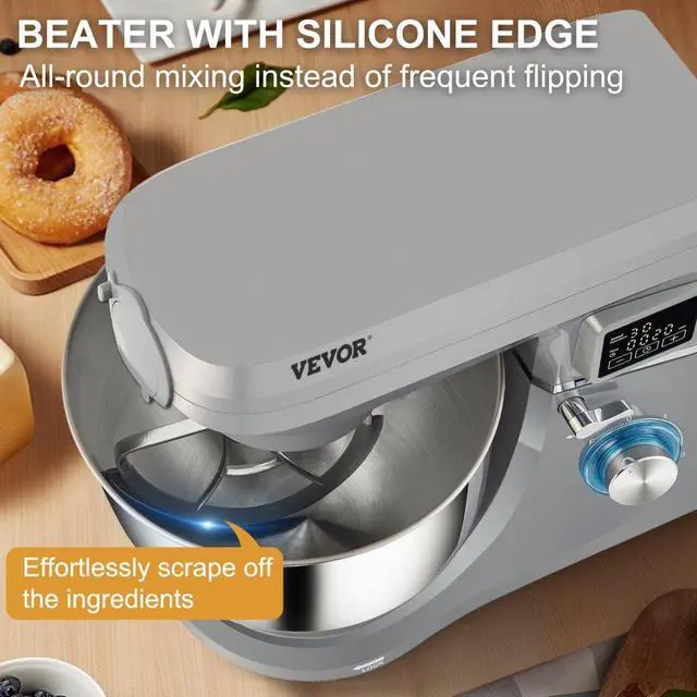 Alt view image 6 of 8 - VEVOR 5 IN 1 Stand Mixer, 660W Tilt-Head Multifunctional Electric Mixer with 6 Speeds LCD Screen Timing, 7.4 Qt Stainless Bowl, Dough Hook, Flat Beater, Whisk, Scraper, Meat Grinder, Juice Cup - Gray