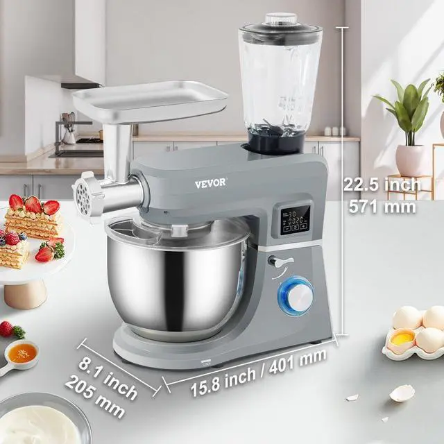Alt view image 8 of 8 - VEVOR 5 IN 1 Stand Mixer, 660W Tilt-Head Multifunctional Electric Mixer with 6 Speeds LCD Screen Timing, 7.4 Qt Stainless Bowl, Dough Hook, Flat Beater, Whisk, Scraper, Meat Grinder, Juice Cup - Gray