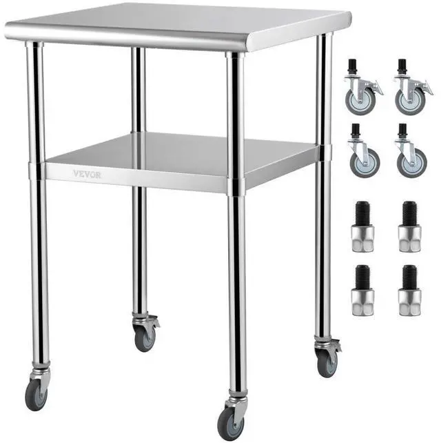 Alt view image 2 of 8 - VEVOR Stainless Steel Prep Table, 24 x 24 x 36 Inch, 600lbs Load Capacity Heavy Duty Metal Worktable with Adjustable Undershelf & Universal Wheels, Commercial Workstation for Kitchen Garage Backyard
