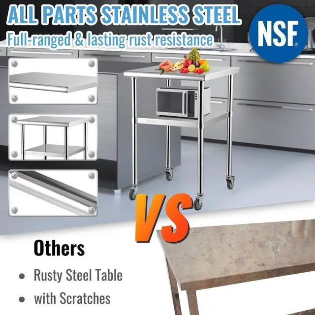 Alt view image 4 of 8 - VEVOR Stainless Steel Prep Table, 24 x 24 x 36 Inch, 600lbs Load Capacity Heavy Duty Metal Worktable with Adjustable Undershelf & Universal Wheels, Commercial Workstation for Kitchen Garage Backyard