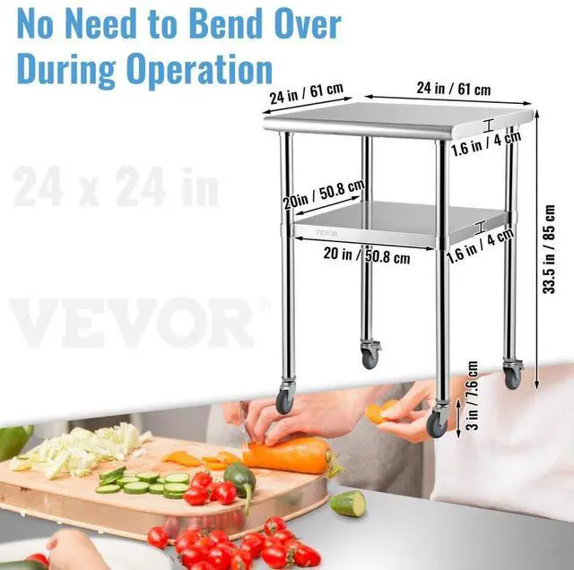 Alt view image 8 of 8 - VEVOR Stainless Steel Prep Table, 24 x 24 x 36 Inch, 600lbs Load Capacity Heavy Duty Metal Worktable with Adjustable Undershelf & Universal Wheels, Commercial Workstation for Kitchen Garage Backyard