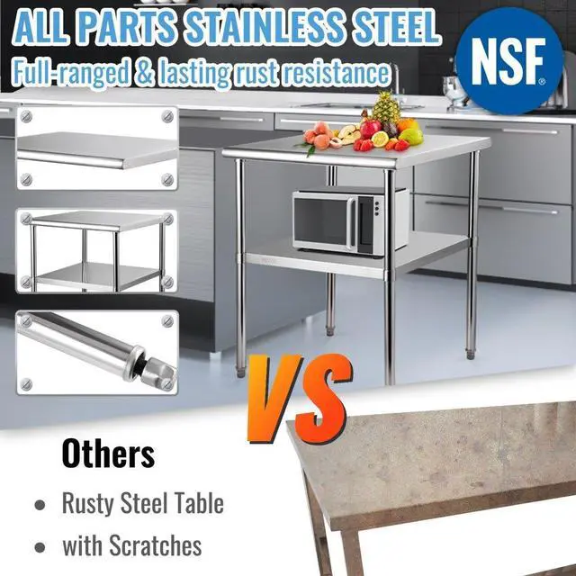 Alt view image 4 of 8 - VEVOR Stainless Steel Prep Table, 30 x 30 x 36 Inch, 800lbs Load Capacity Heavy Duty Metal Worktable with Adjustable Undershelf & Feet, Commercial Workstation for Kitchen Garage Restaurant Backyard