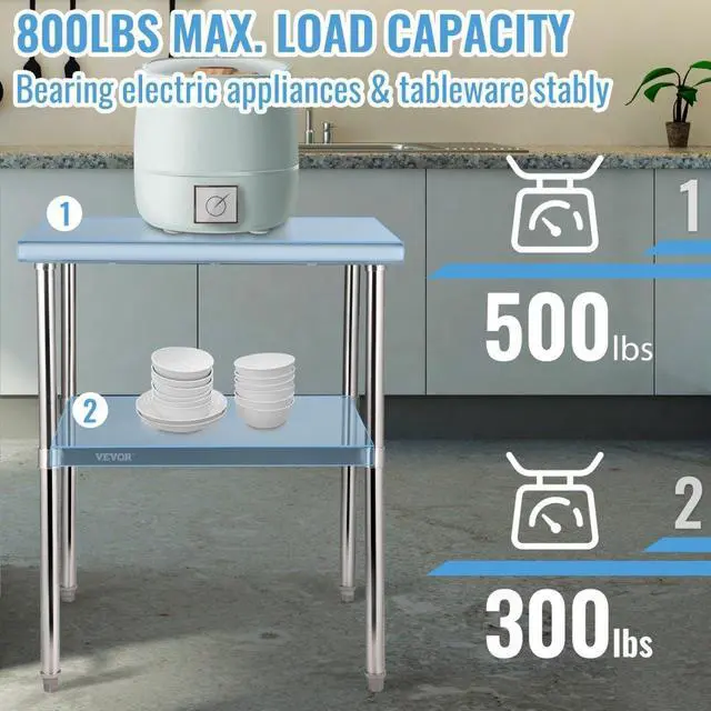 Alt view image 5 of 8 - VEVOR Stainless Steel Prep Table, 30 x 30 x 36 Inch, 800lbs Load Capacity Heavy Duty Metal Worktable with Adjustable Undershelf & Feet, Commercial Workstation for Kitchen Garage Restaurant Backyard