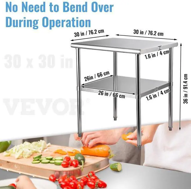 Alt view image 8 of 8 - VEVOR Stainless Steel Prep Table, 30 x 30 x 36 Inch, 800lbs Load Capacity Heavy Duty Metal Worktable with Adjustable Undershelf & Feet, Commercial Workstation for Kitchen Garage Restaurant Backyard