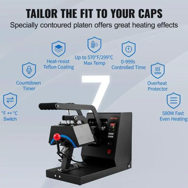 Alt view image 5 of 8 - VEVOR Hat Heat Press, 4-in-1 Cap Heat Press Machine, 6x3inches Clamshell Sublimation Transfer, LCD Digital Timer Temperature Control with 4pcs Curved Heating Elements (6x3/6.7x2.7/6.7x2.7/8.1x3.5)