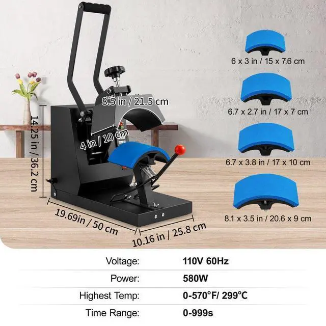 Alt view image 8 of 8 - VEVOR Hat Heat Press, 4-in-1 Cap Heat Press Machine, 6x3inches Clamshell Sublimation Transfer, LCD Digital Timer Temperature Control with 4pcs Curved Heating Elements (6x3/6.7x2.7/6.7x2.7/8.1x3.5)