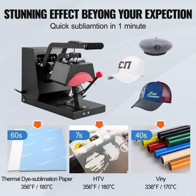 Alt view image 6 of 8 - VEVOR Hat Heat Press, 4-in-1 Cap Heat Press Machine, 6x3inches Clamshell Sublimation Transfer, LCD Digital Timer Temperature Control with 4pcs Curved Heating Elements (6x3/6.7x2.7/6.7x2.7/8.1x3.5)