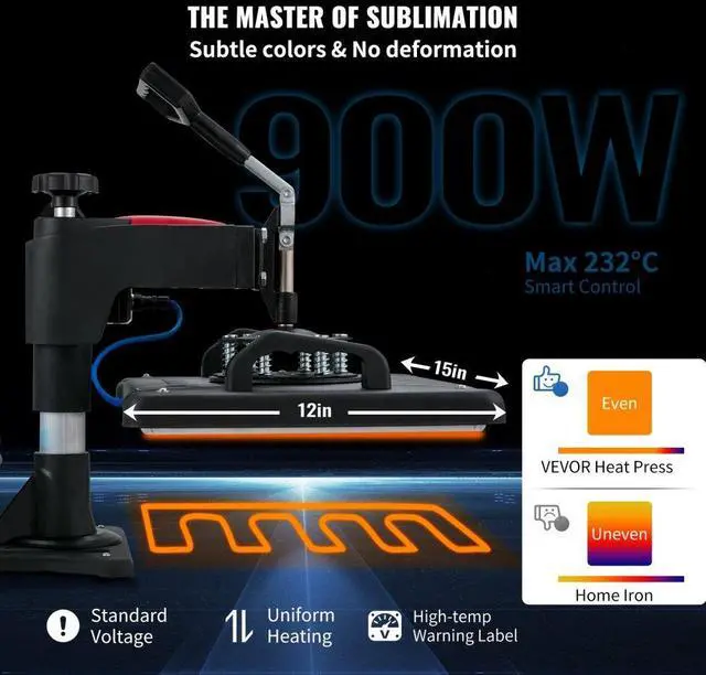 Alt view image 4 of 8 - VEVOR Heat Press, 5 in 1 Heat Press Machine Machine 12x15, Clamshell Sublimation Transfer Printer Fast Heat-up, Digital Precise Temperature Control, Vinyl Heat Press for T-Shirt Plate Mug Cup, 900W