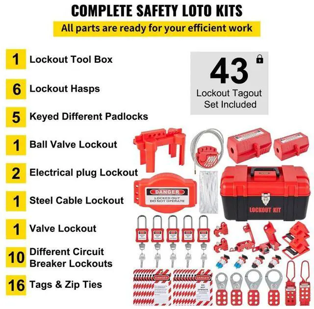Alt view image 4 of 8 - VEVOR 43 PCS Lockout Tagout Kits, Electrical Safety Loto Kit Includes Padlocks, 5 Kinds of Lockouts, Hasps, Tags & Ties, Box, Lockout Safety Tools for Electrical Risk Removal in Industrial, Machinery