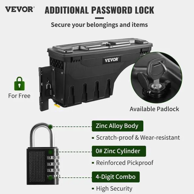 Alt view image 3 of 8 - VEVOR Truck Bed Storage Box, Lockable Lid, Waterproof ABS Wheel Well Tool Box 6.6 Gal/20 L with Password Padlock, Compatible with Tundra 2007-2021, Driver Side, Black