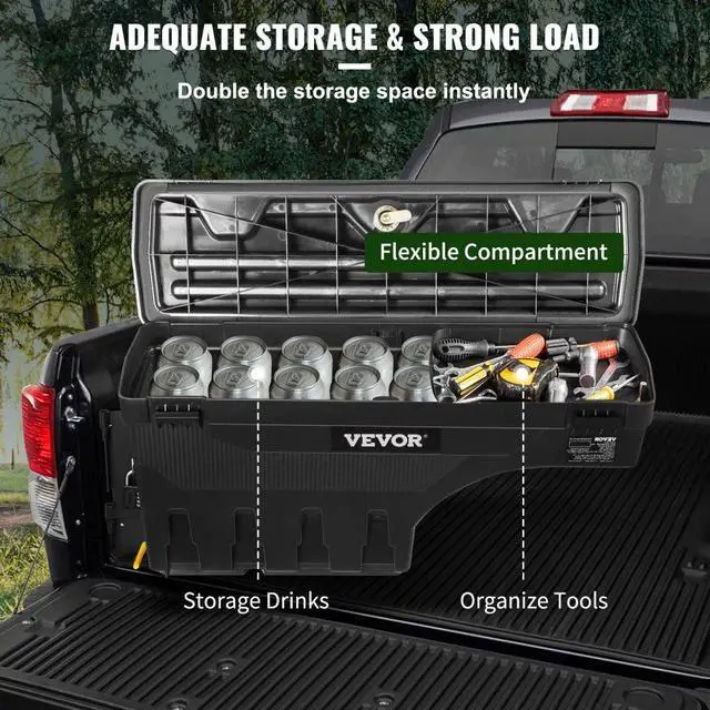 Alt view image 6 of 8 - VEVOR Truck Bed Storage Box, Lockable Lid, Waterproof ABS Wheel Well Tool Box 6.6 Gal/20 L with Password Padlock, Compatible with Tundra 2007-2021, Driver Side, Black