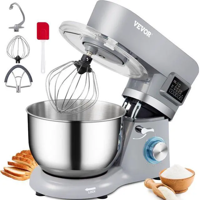 Alt view image 2 of 15 - VEVOR Stand Mixer, 660W Electric Dough Mixer with 6 Speeds LCD Screen Timing, Tilt-Head Food Mixer with 5.8 Qt Stainless Steel Bowl, Dough Hook, Flat Beater, Whisk, Scraper, Splash-Proof Cover - Gray