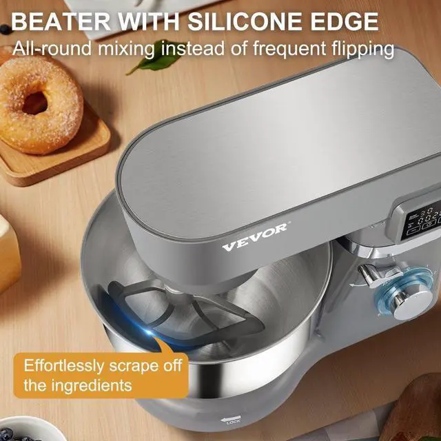Alt view image 5 of 15 - VEVOR Stand Mixer, 660W Electric Dough Mixer with 6 Speeds LCD Screen Timing, Tilt-Head Food Mixer with 5.8 Qt Stainless Steel Bowl, Dough Hook, Flat Beater, Whisk, Scraper, Splash-Proof Cover - Gray
