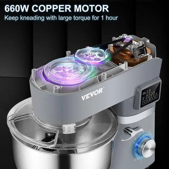 Alt view image 6 of 15 - VEVOR Stand Mixer, 660W Electric Dough Mixer with 6 Speeds LCD Screen Timing, Tilt-Head Food Mixer with 5.8 Qt Stainless Steel Bowl, Dough Hook, Flat Beater, Whisk, Scraper, Splash-Proof Cover - Gray