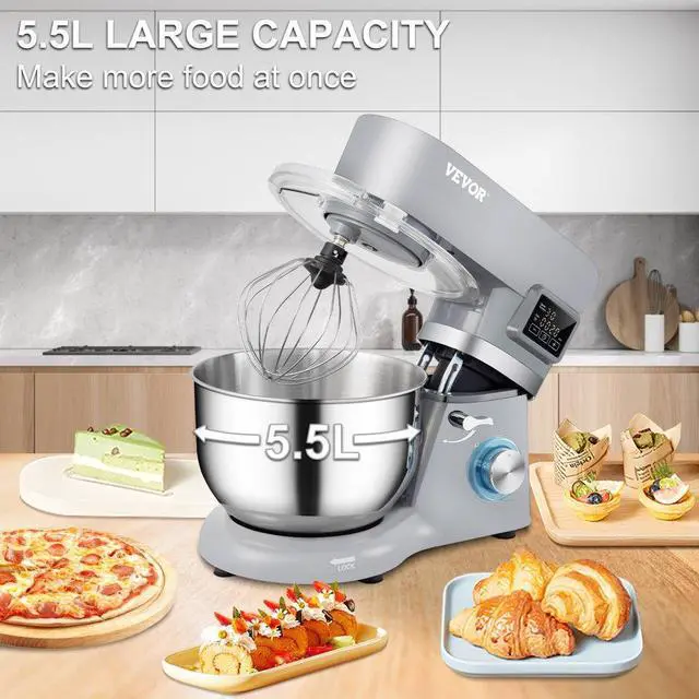 Alt view image 7 of 15 - VEVOR Stand Mixer, 660W Electric Dough Mixer with 6 Speeds LCD Screen Timing, Tilt-Head Food Mixer with 5.8 Qt Stainless Steel Bowl, Dough Hook, Flat Beater, Whisk, Scraper, Splash-Proof Cover - Gray