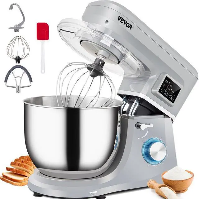 Alt view image 2 of 8 - VEVOR Stand Mixer, 660W Electric Dough Mixer with 6 Speeds LCD Screen Timing, Tilt-Head Food Mixer with 7.4 Qt Stainless Steel Bowl, Dough Hook, Flat Beater, Whisk, Scraper, Splash-Proof Cover - Gray