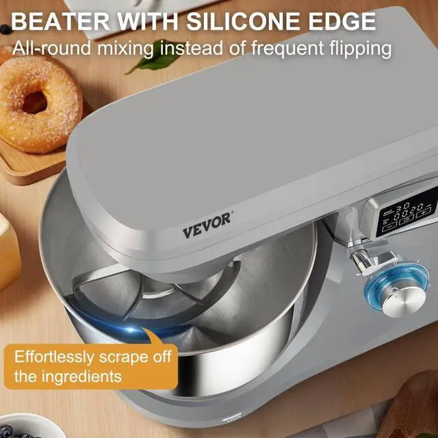 Alt view image 5 of 8 - VEVOR Stand Mixer, 660W Electric Dough Mixer with 6 Speeds LCD Screen Timing, Tilt-Head Food Mixer with 7.4 Qt Stainless Steel Bowl, Dough Hook, Flat Beater, Whisk, Scraper, Splash-Proof Cover - Gray