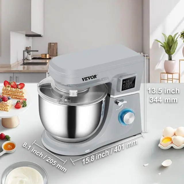 Alt view image 8 of 8 - VEVOR Stand Mixer, 660W Electric Dough Mixer with 6 Speeds LCD Screen Timing, Tilt-Head Food Mixer with 7.4 Qt Stainless Steel Bowl, Dough Hook, Flat Beater, Whisk, Scraper, Splash-Proof Cover - Gray