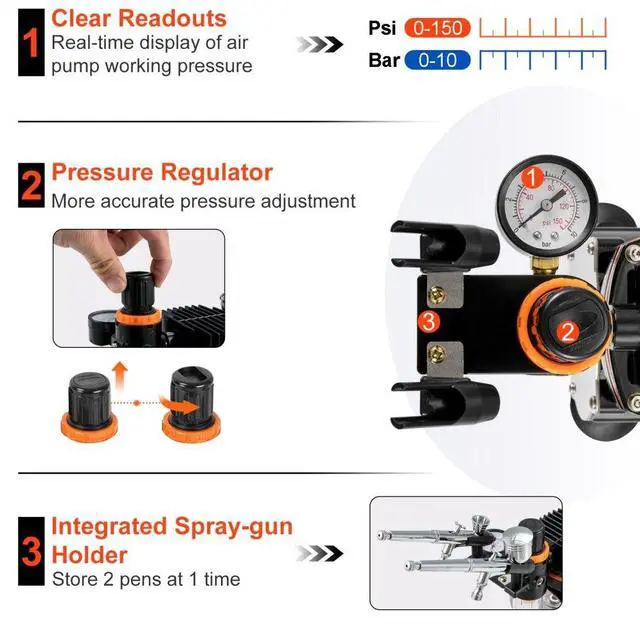 Alt view image 5 of 8 - VEVOR Airbrush Kit, Professional Airbrush Set with Compressor, Airbrushing System Kit with Multi-Purpose Dual-Action Gravity Feed Airbrushes, Art Nail Cookie Tatto