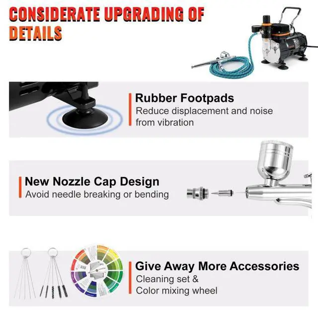 Alt view image 4 of 8 - VEVOR Airbrush Kit, Professional Airbrush Set with Compressor, Airbrushing System Kit with Multi-Purpose Dual-Action Gravity Feed Airbrushes, Art Nail Cookie Tatto