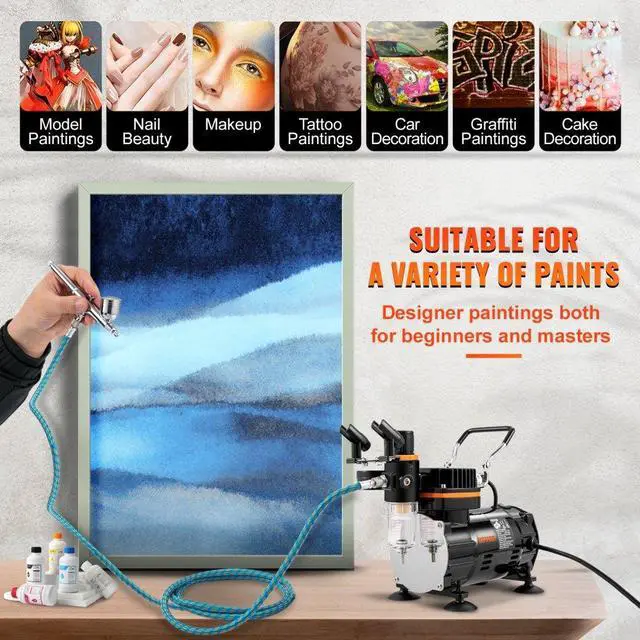 Alt view image 6 of 8 - VEVOR Airbrush Kit, Professional Airbrush Set with Compressor, Airbrushing System Kit with Multi-Purpose Dual-Action Gravity Feed Airbrushes, Art Nail Cookie Tatto