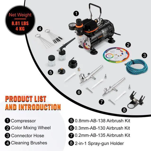 Alt view image 8 of 8 - VEVOR Airbrush Kit, Professional Airbrush Set with Compressor, Airbrushing System Kit with Multi-Purpose Dual-Action Gravity Feed Airbrushes, Art Nail Cookie Tatto