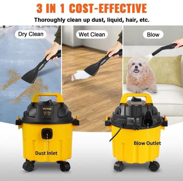 Alt view image 5 of 8 - VEVOR Wet Dry Vac, 2.6 Gallon, 2.5 Peak HP, 3 in 1 Shop Vacuum with Blowing Function, Portable with Attachments to Clean Floor, Upholstery, Gap, Car, ETL Listed, Yellow